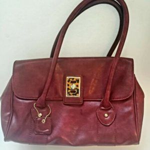 Liz Claiborne Burgundy Leather Satchel Shoulder Bag Leopard Clasp